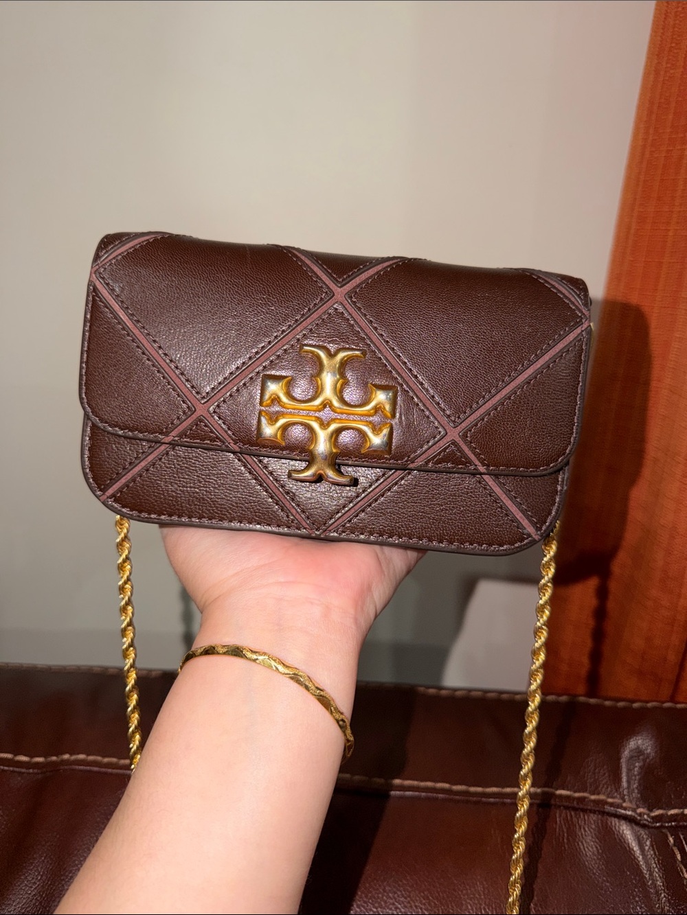‼️Tory Burch Eleanor Diamond Quilt Brown Leather Crossbody Bag - Picture 3 of 12
